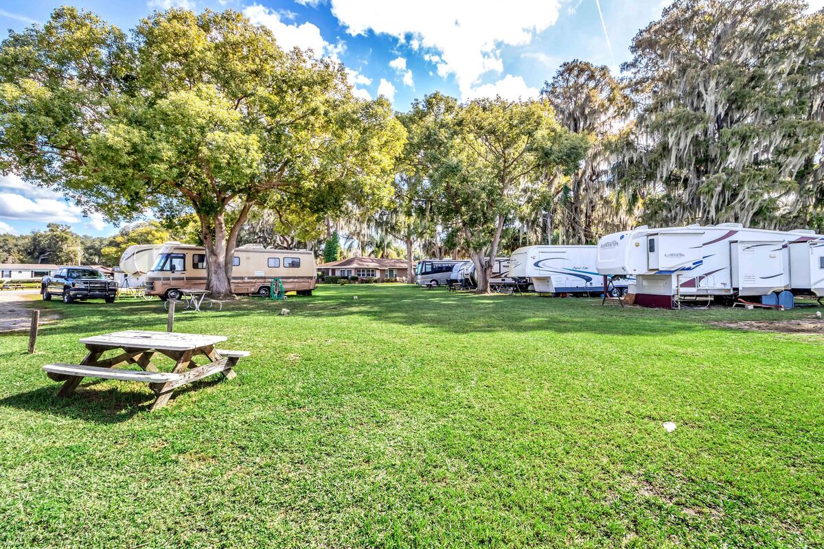 RV sites beneath mature trees at Hide-A-Way Harbor