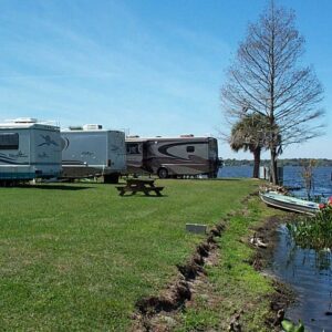 Waterfront RV setting at Hide-A-Way Harbor on Lake Harris