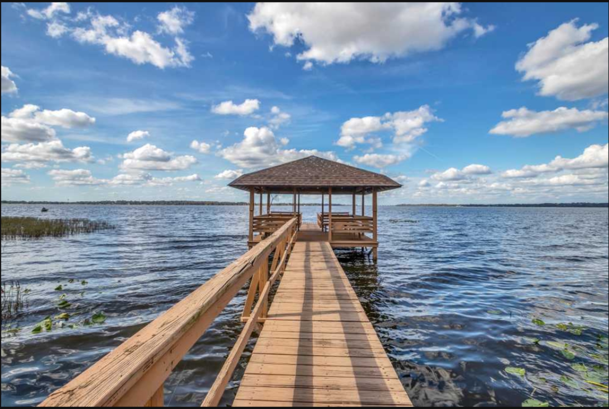 Covered dock overlooking Lake Harris at Hide-A-Way Harbor