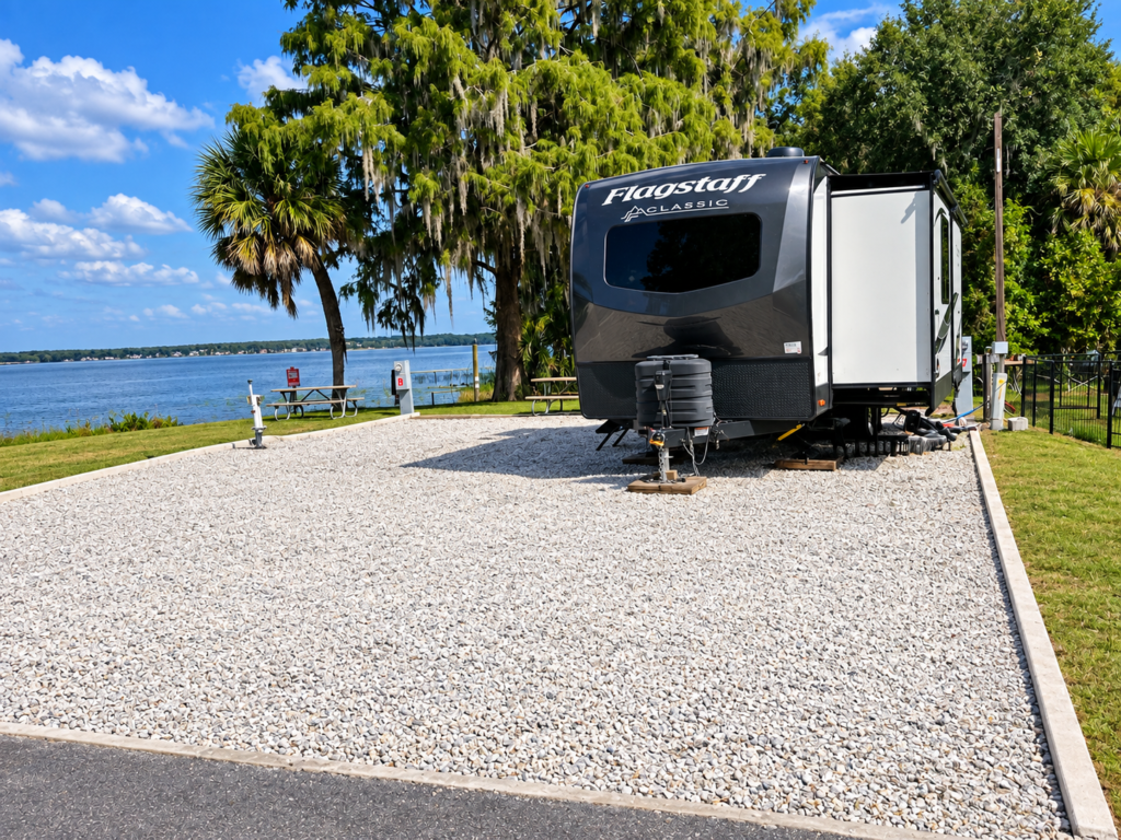 RV on a gravel site beside Lake Harris