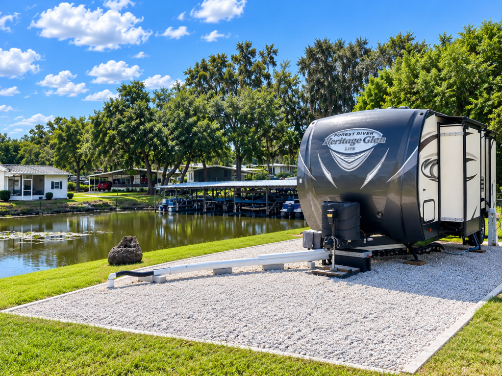 RV on a gravel site beside the canal